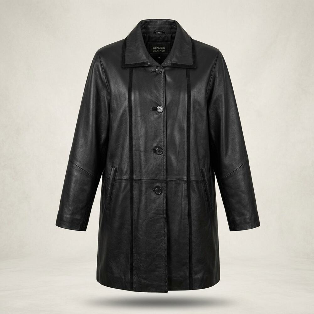 Millennium Womens Small Black Lamb Leather Coat Long Jacket Button Front